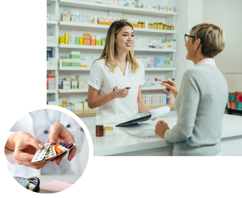 pharmacist discussing prescription with customer