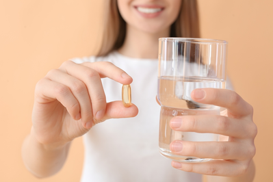 woman holding supplement and glass of water 